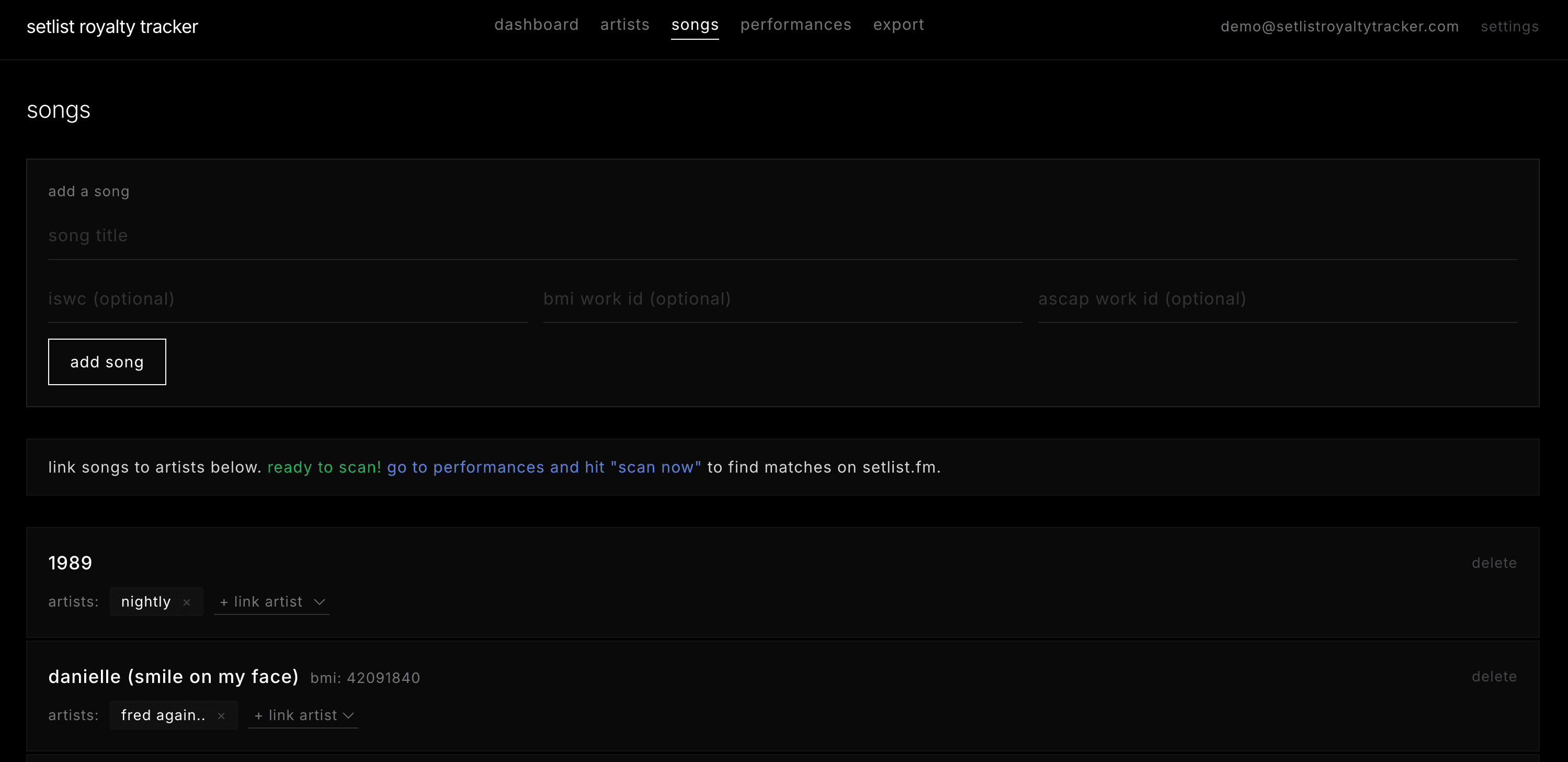 Songs page showing registered songs linked to artists with BMI work IDs